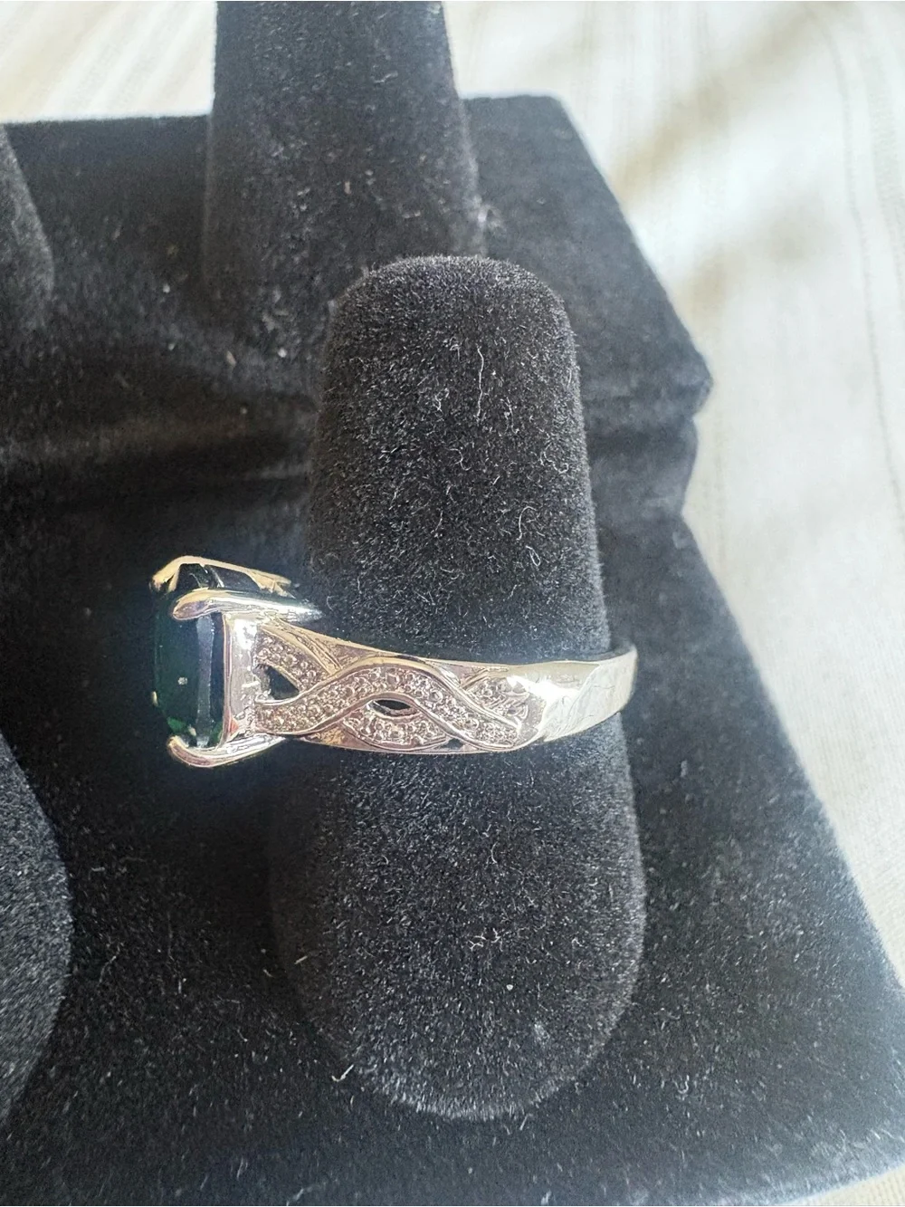 Green Cushion-Cut Statement Ring with Clear Accents